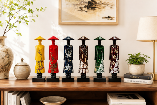 Set of 6 Vietnamese Ao Dai Lacquer Statues – Handmade Vietnamese Art Collection