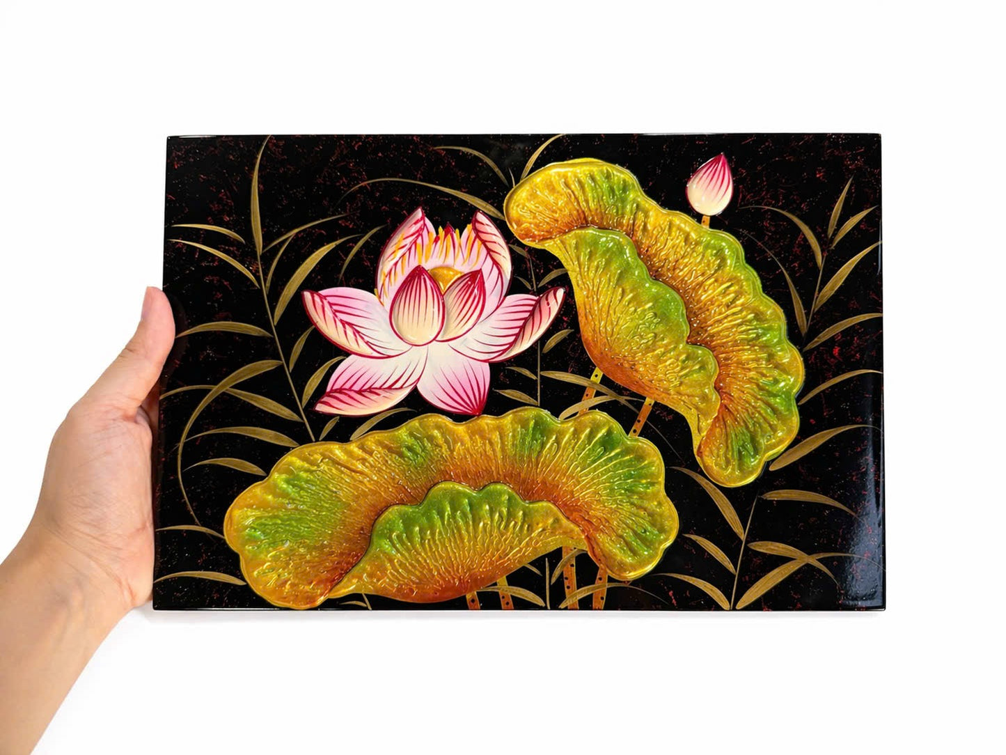 Vietnamese Lotus Lacquer Painting – Handmade Wall Art (20x30 cm)