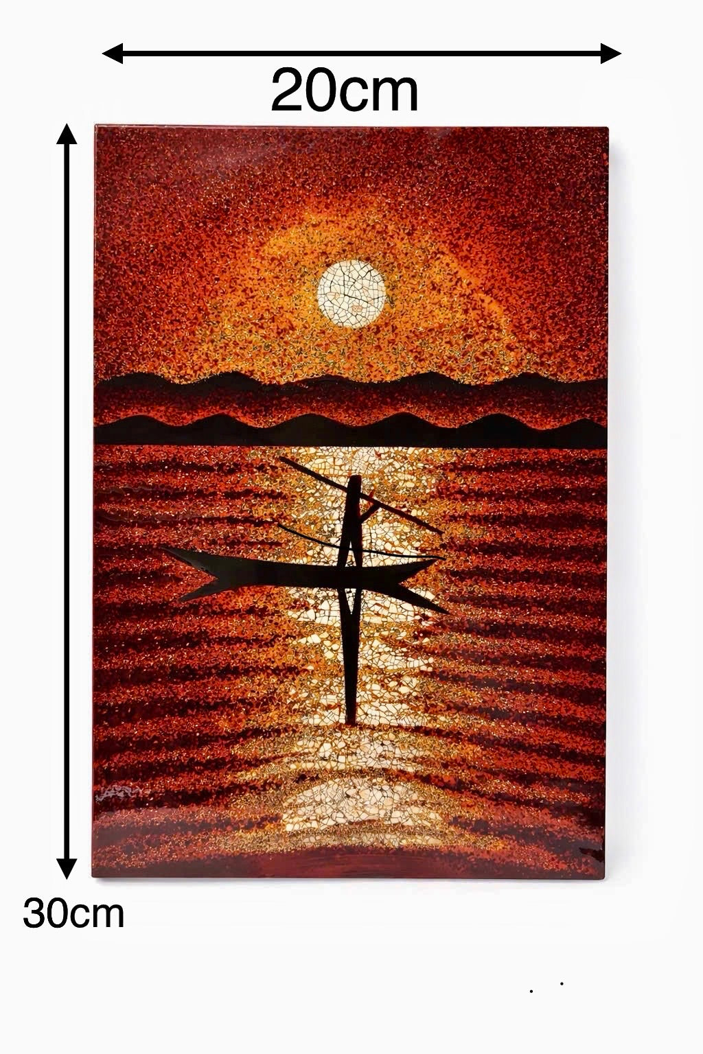 Vietnamese Lacquer Painting – Moonlit Fishing Boat, Eggshell Inlay Art, 20x30 cm