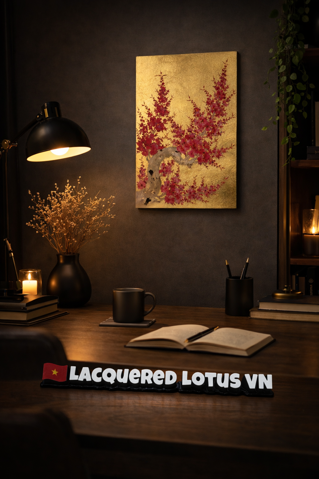 Vietnamese Lacquer Blossom Painting on Gold Leaf Background – Handcrafted Wall Art Inspired by Spring Flowers 20x30cm