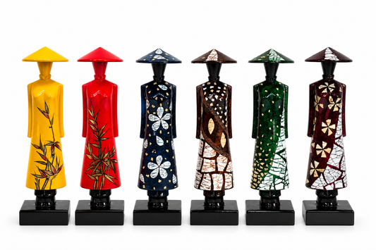Set of 6 Vietnamese Ao Dai Lacquer Statues – Handmade Vietnamese Art Collection