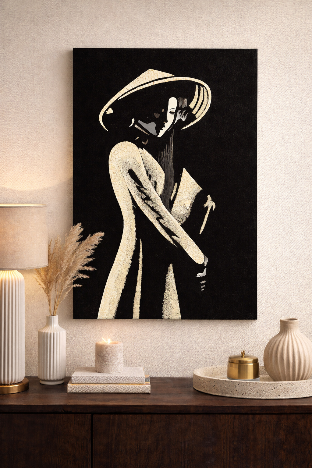Vietnamese Lacquer Painting – Lady in Áo Dài with Eggshell Inlay 20x30