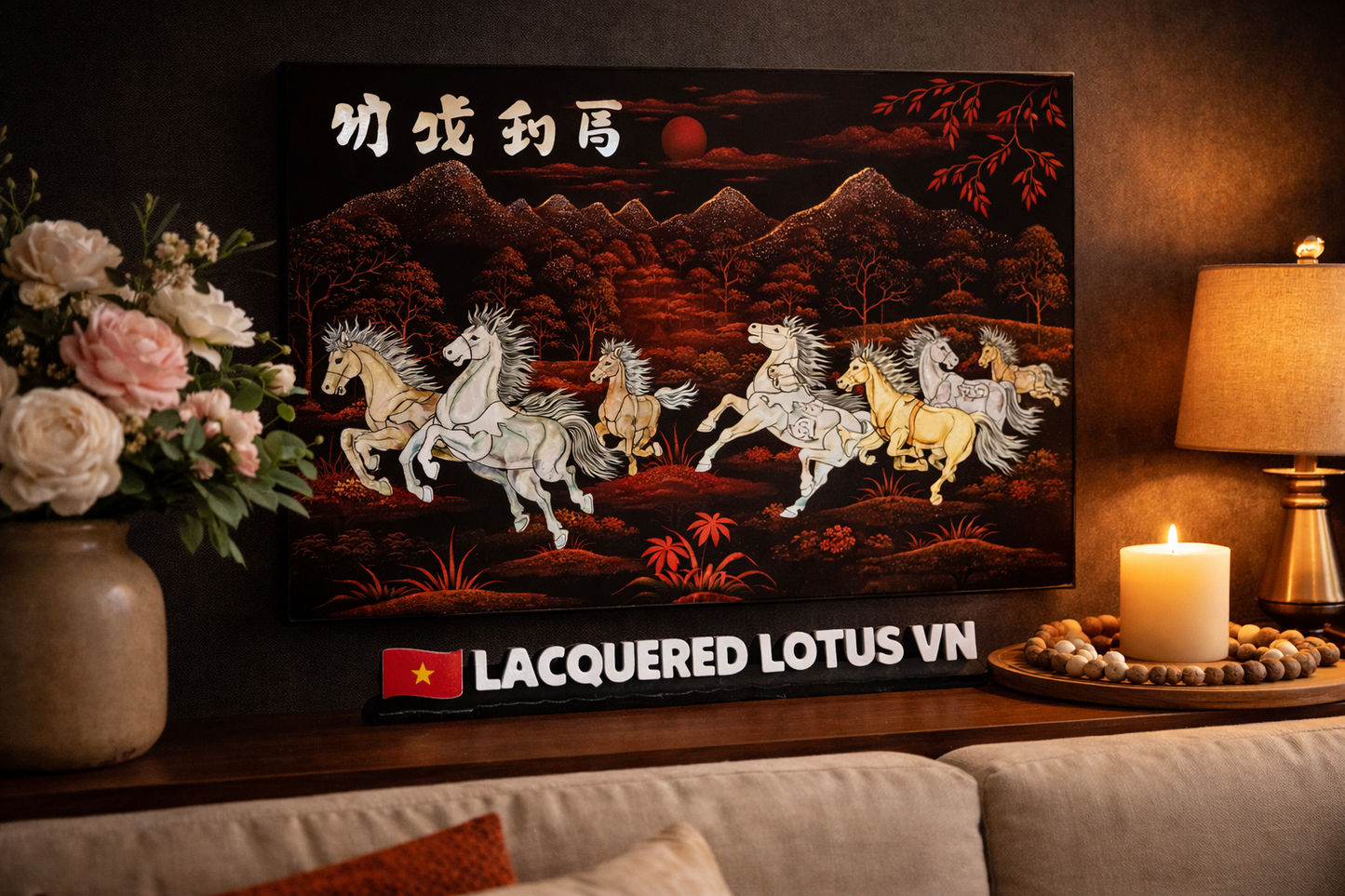 Vietnamese Lacquer Painting – Eight Galloping Horses (30 x 40 cm) | Handcrafted Wall Art