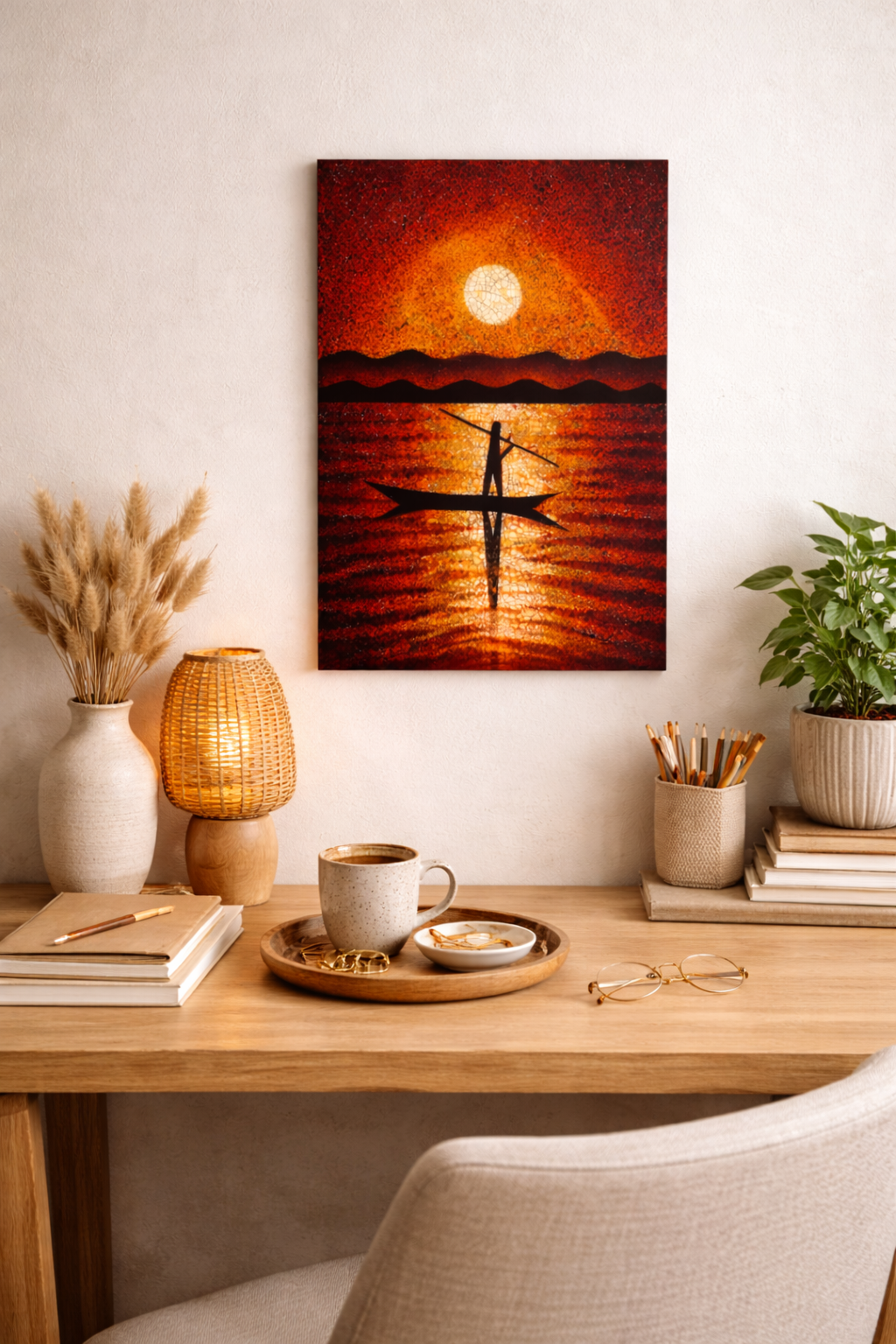 Vietnamese Lacquer Painting – Moonlit Fishing Boat, Eggshell Inlay Art, 20x30 cm