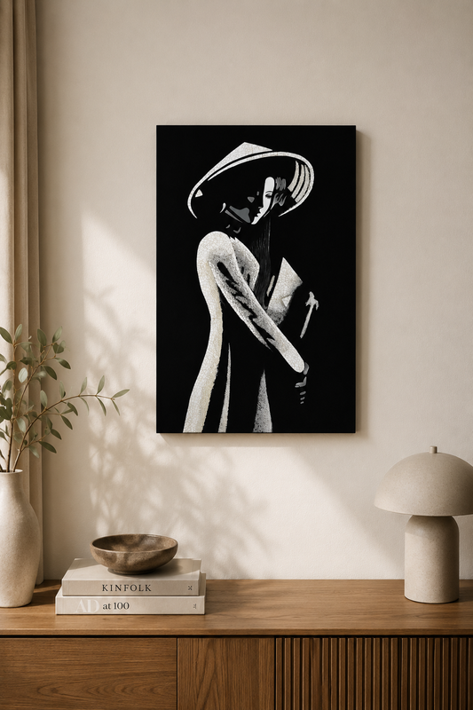 Vietnamese Lacquer Painting – Lady in Ao Dai with Eggshell Inlay 20x30