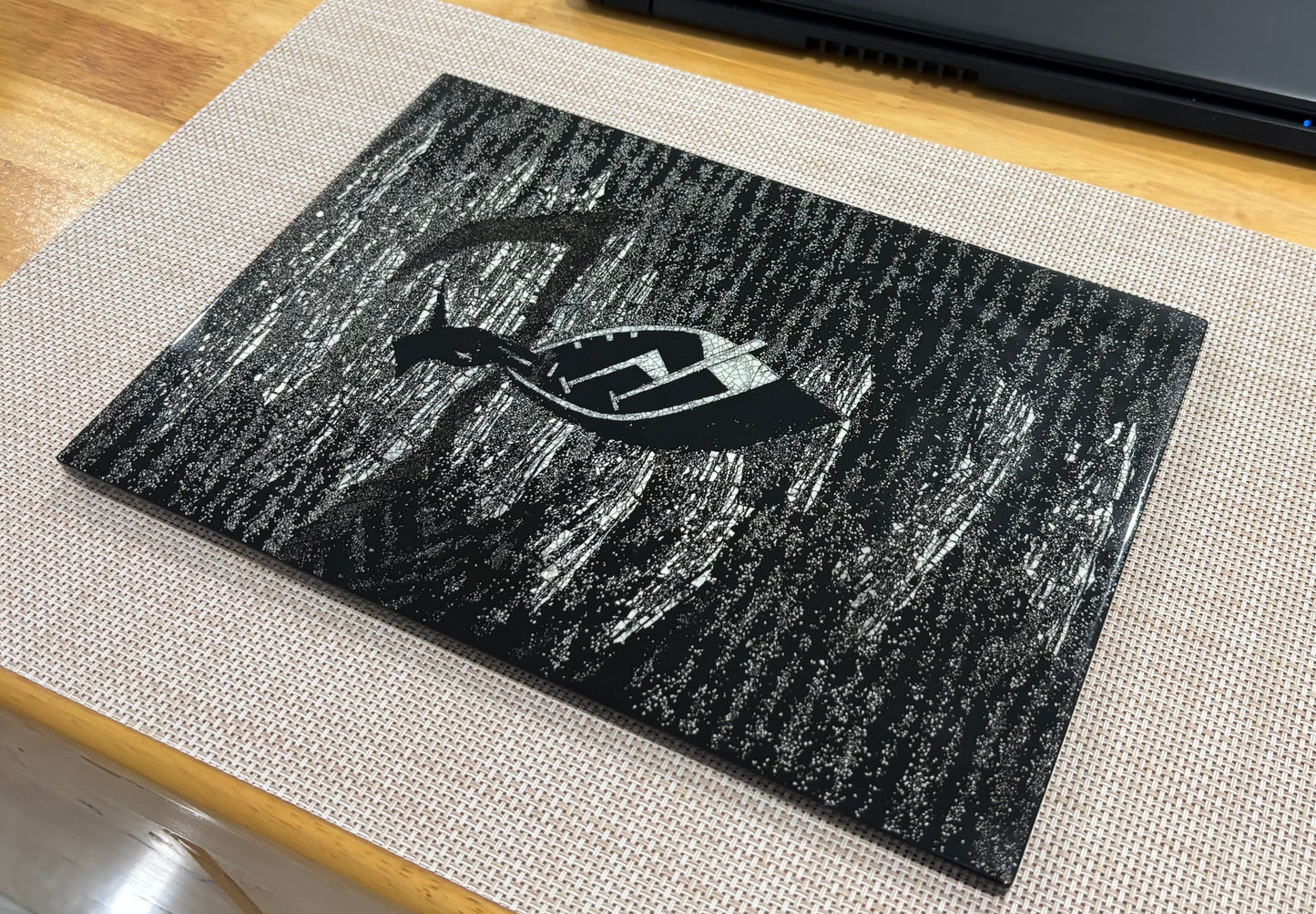 Black & White Vietnamese Lacquer Painting Fishing Boat 20x30 cm | Eggshell Inlay Art