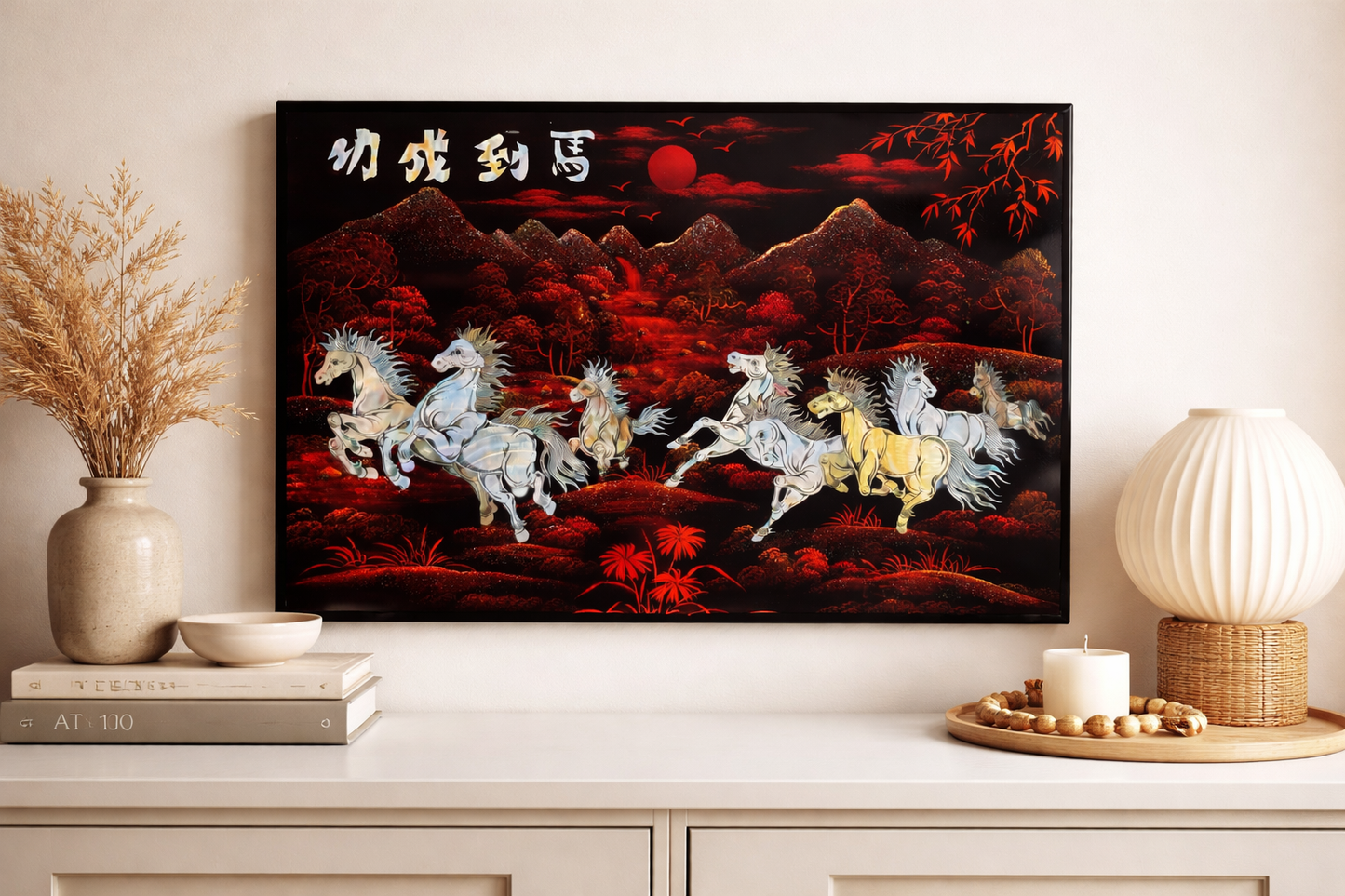 Vietnamese Lacquer Painting – Eight Galloping Horses (30 x 40 cm) | Handcrafted Wall Art
