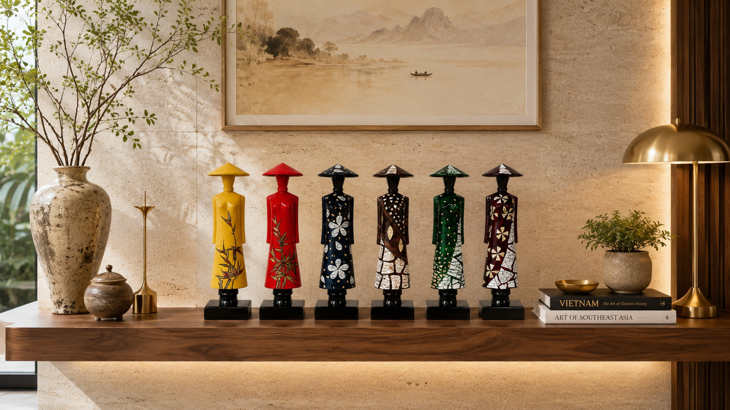 Set of 6 Vietnamese Ao Dai Lacquer Statues – Handmade Vietnamese Art Collection