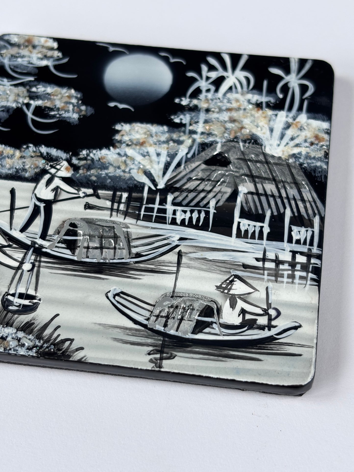 Vietnamese Lacquer Coaster Set of 6 with Holder – Handmade Eggshell Inlay Art