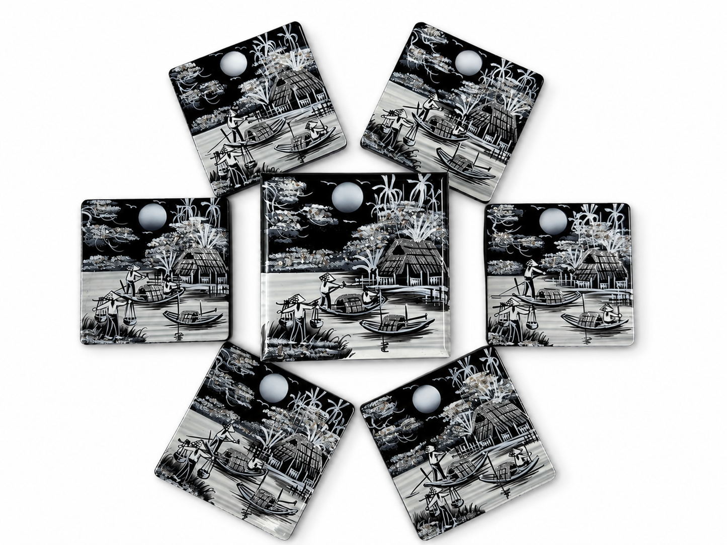 Vietnamese Lacquer Coaster Set of 6 with Holder – Handmade Eggshell Inlay Art