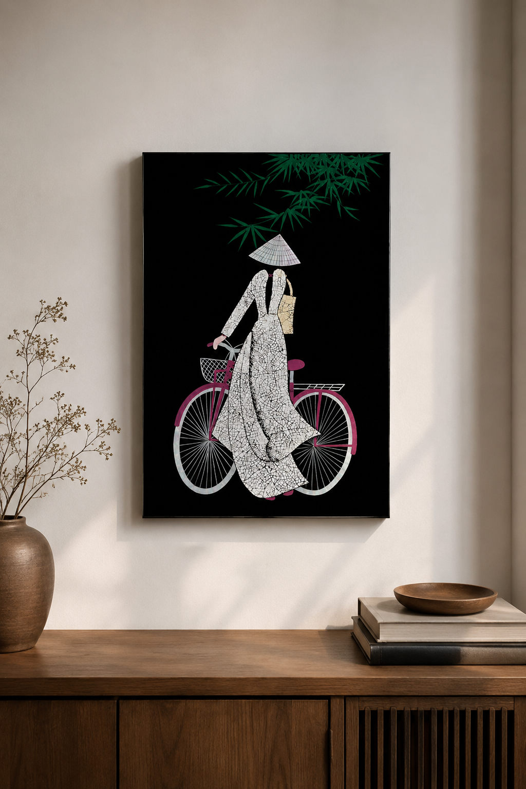 Vietnamese Lacquer Painting – Woman Riding Bicycle with Eggshell & Mother-of-Pearl Inlay | 20 × 30 cm