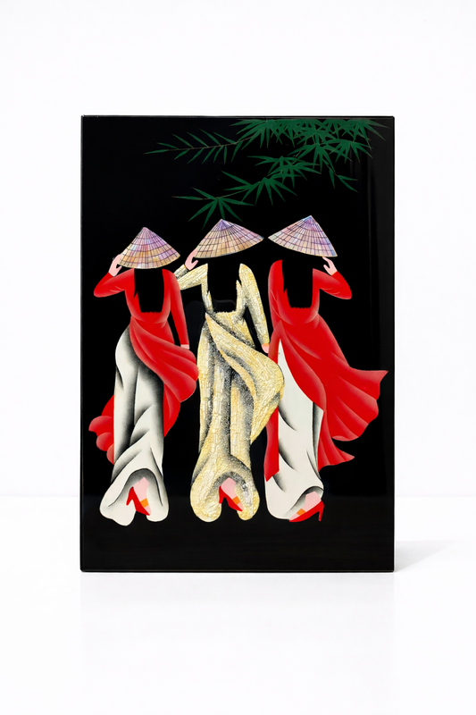 Vietnamese Lacquer Art Painting – Three Women in Traditional Ao Dai – Handcrafted Wall Decor 20 x 30 cm