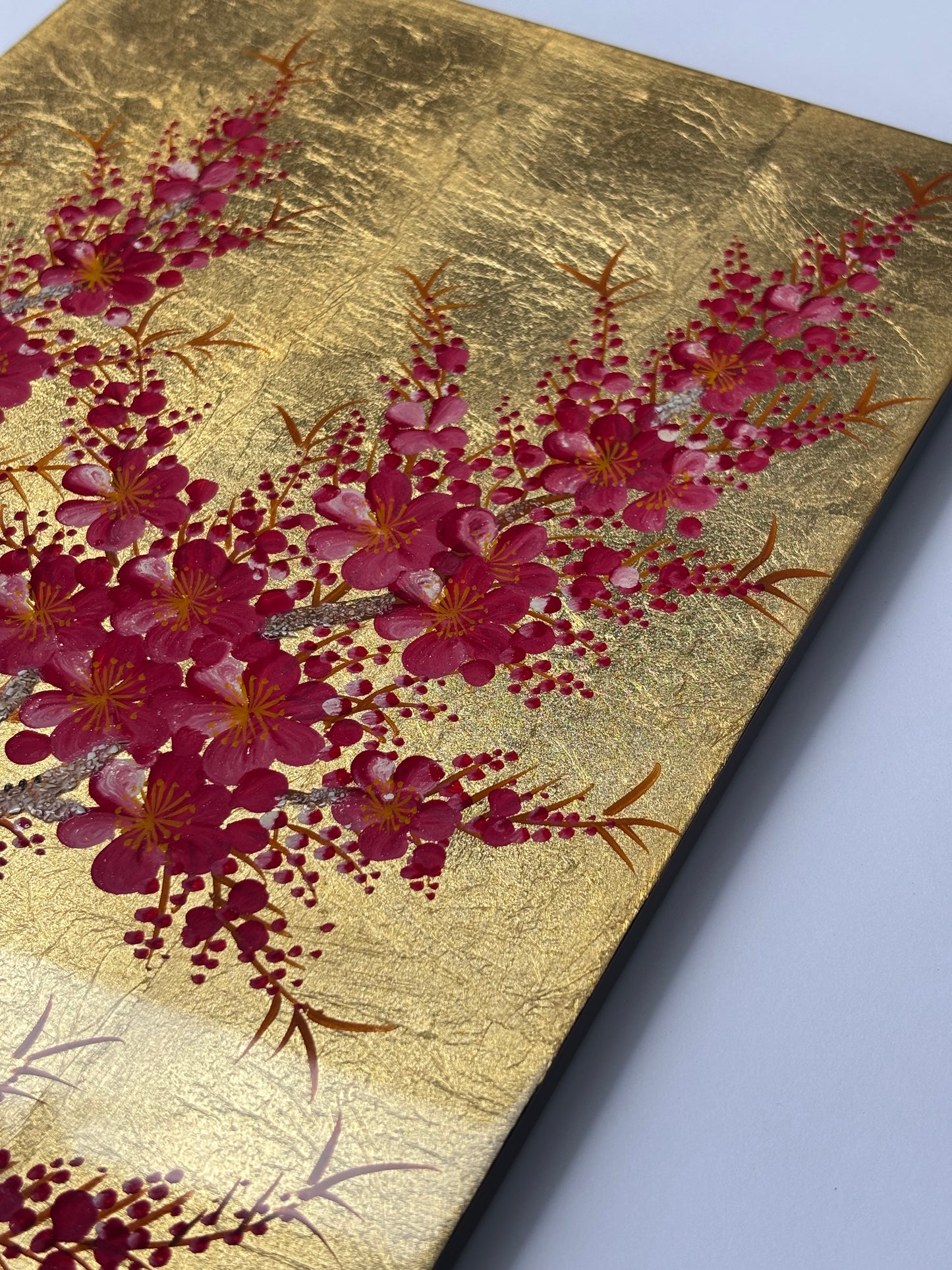 Vietnamese Lacquer Blossom Painting on Gold Leaf Background – Handcrafted Wall Art Inspired by Spring Flowers 20x30cm