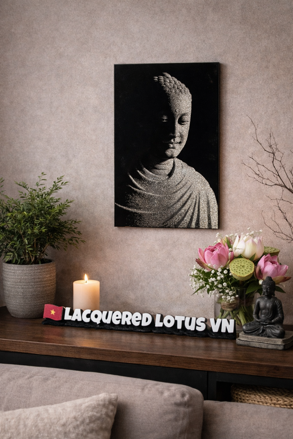 Handmade Vietnamese Lacquer Buddha Painting – Eggshell Inlay Wall Art (20 × 30 cm)