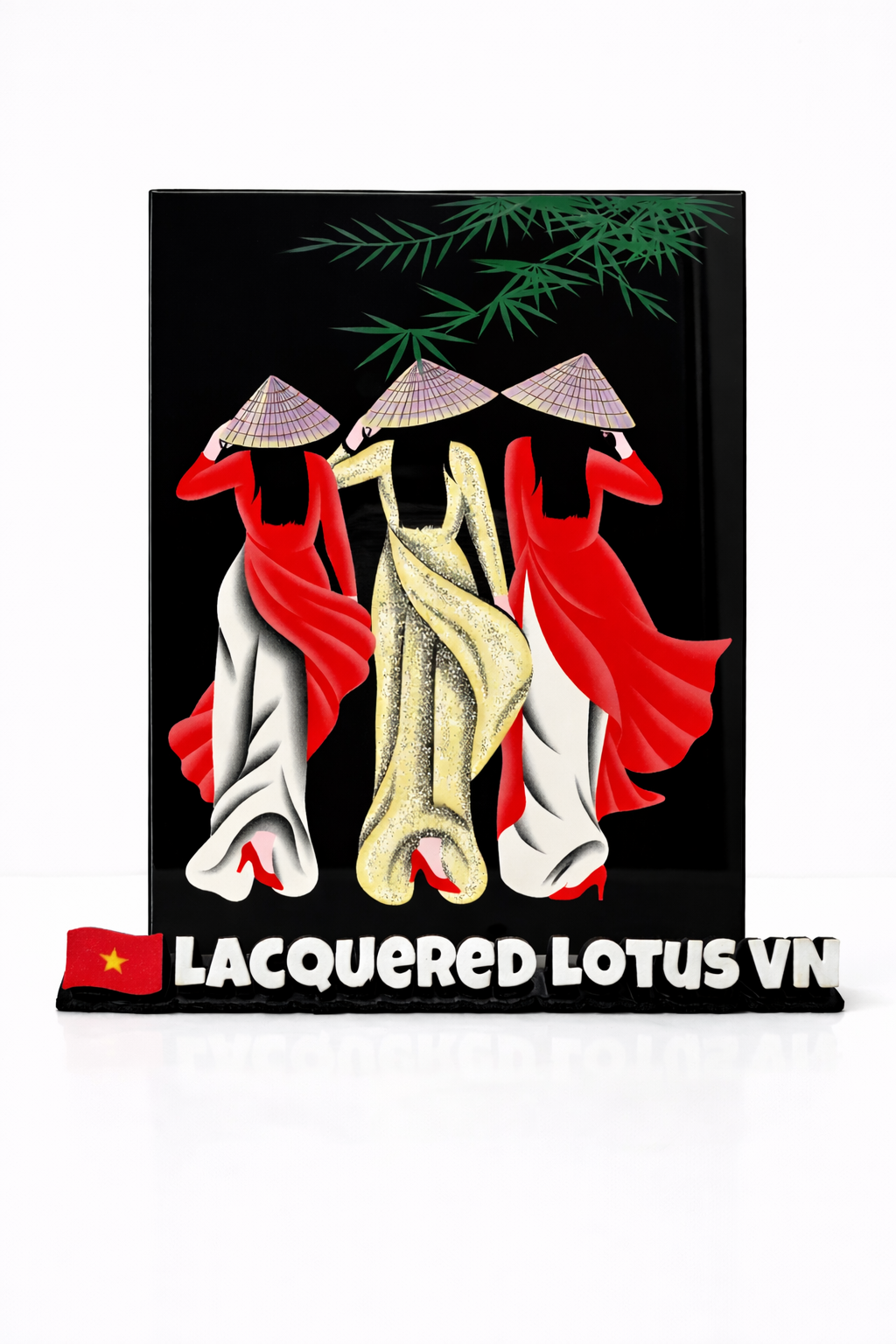 Vietnamese Lacquer Art Painting – Three Women in Traditional Ao Dai – Handcrafted Wall Decor 20 x 30 cm