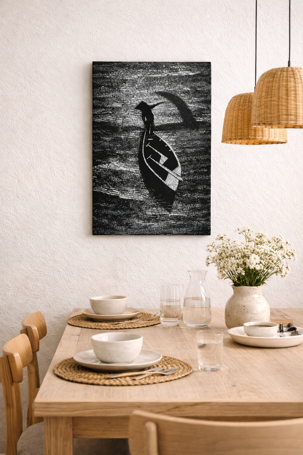 Black & White Vietnamese Lacquer Painting Fishing Boat 20x30 cm | Eggshell Inlay Art