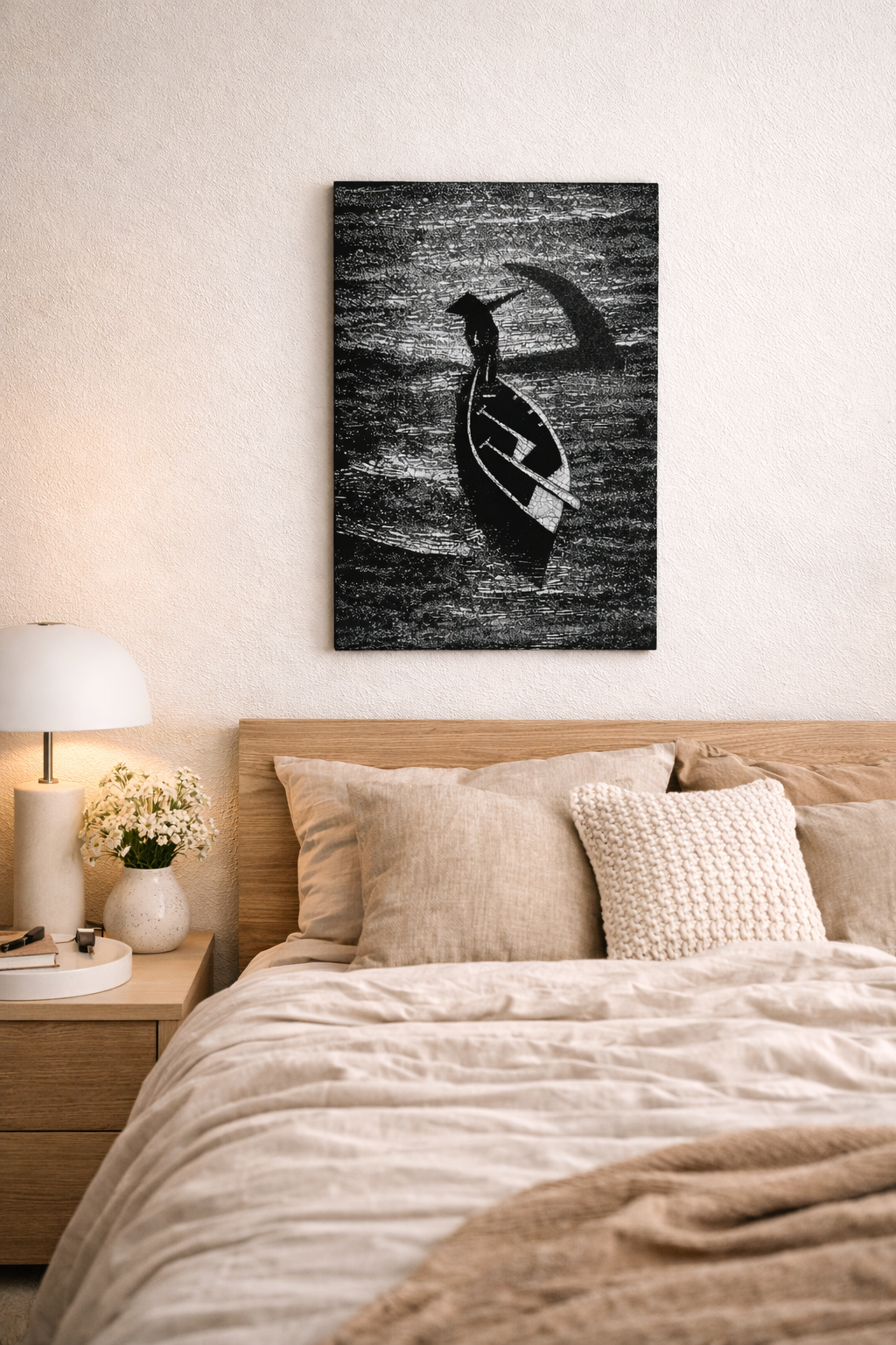 Black & White Vietnamese Lacquer Painting Fishing Boat 20x30 cm | Eggshell Inlay Art