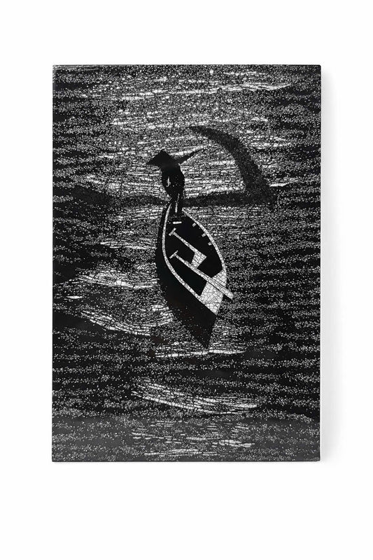 Vietnamese Boat at Dawn – Handmade Black & White Lacquer Painting with Eggshell Inlay (20 × 30 cm)