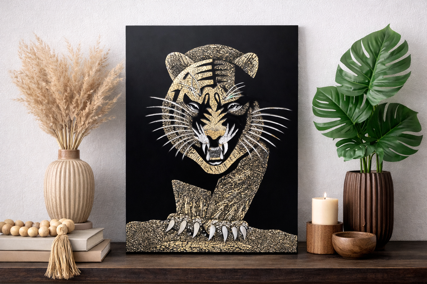 Vietnamese Lacquer Tiger Painting – Handmade Eggshell Inlay Art 20x30 cm
