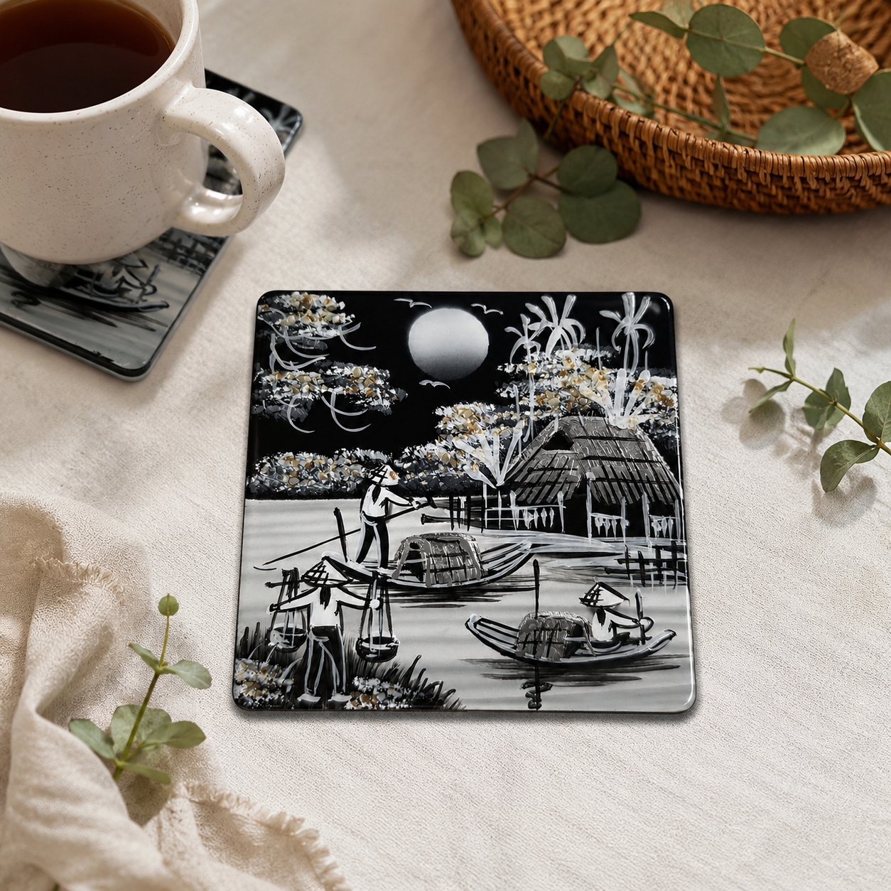 Vietnamese Lacquer Coaster Set of 6 with Holder – Handmade Eggshell Inlay Art