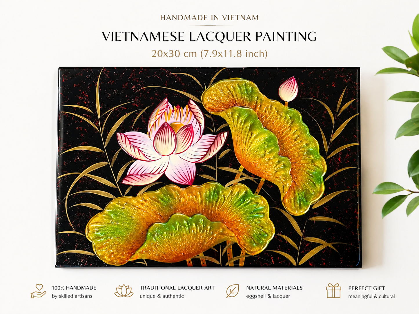 Vietnamese Lotus Lacquer Painting – Handmade Wall Art (20x30 cm)
