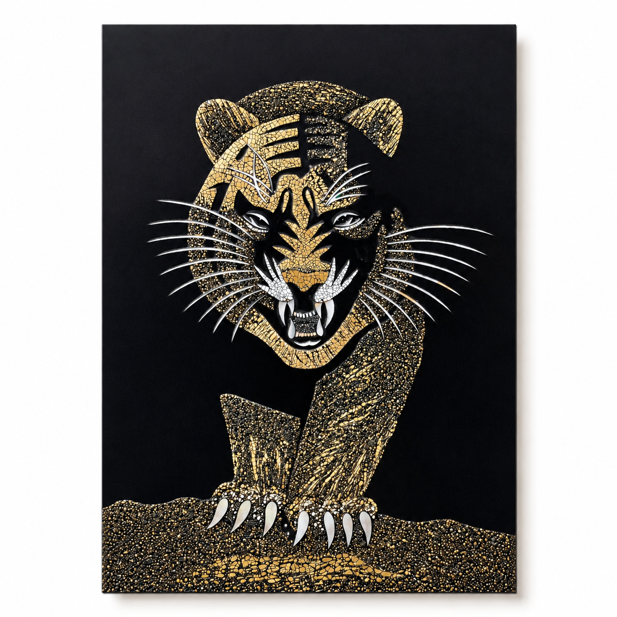 Vietnamese Lacquer Tiger Painting – Handmade Eggshell Inlay Art 20x30 cm