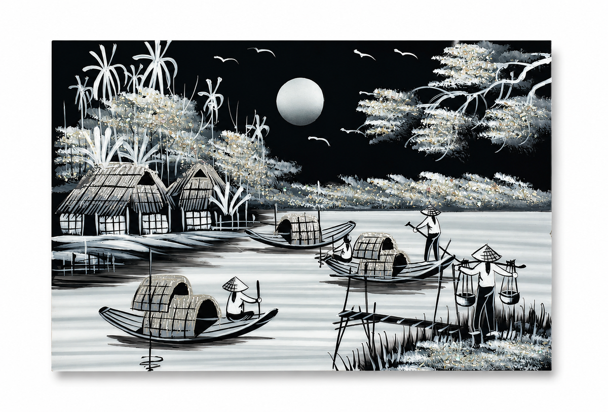 Moonlit Vietnamese Village – Handmade Vietnamese Lacquer Painting