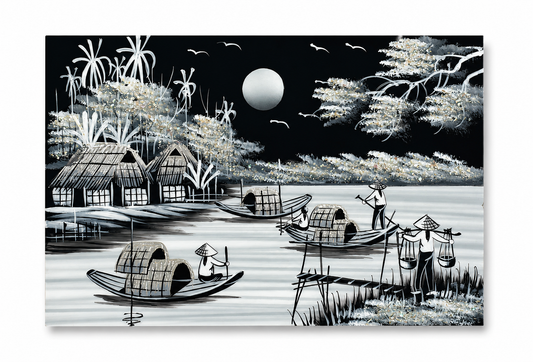 Moonlit Vietnamese Village – Handmade Vietnamese Lacquer Painting