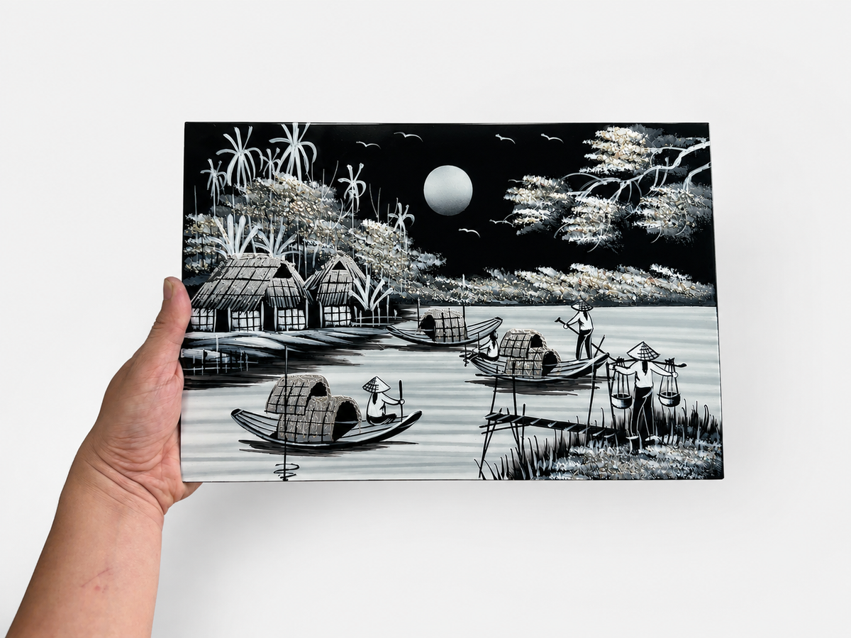 Moonlit Vietnamese Village – Handmade Vietnamese Lacquer Painting