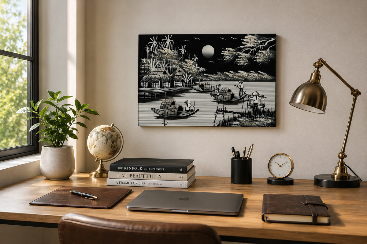 Moonlit Vietnamese Village – Handmade Vietnamese Lacquer Painting