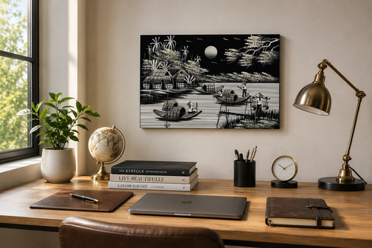 Moonlit Vietnamese Village – Handmade Vietnamese Lacquer Painting