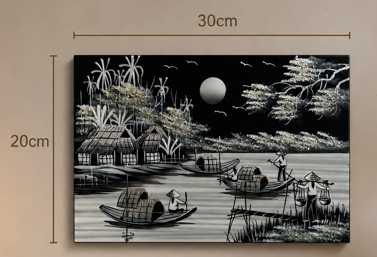 Moonlit Vietnamese Village – Handmade Vietnamese Lacquer Painting