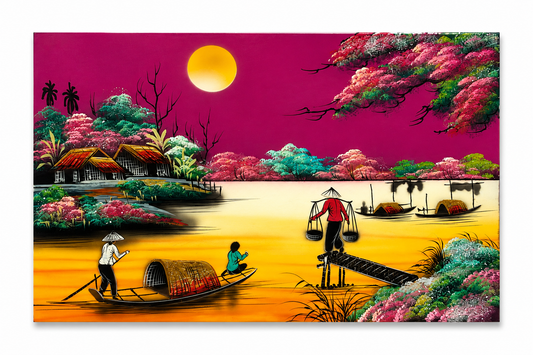 Moonlit Vietnamese Countryside – Handmade Vietnamese Lacquer Painting