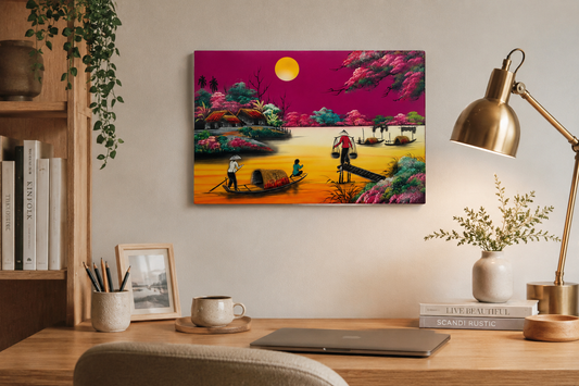 Moonlit Vietnamese Countryside – Handmade Vietnamese Lacquer Painting