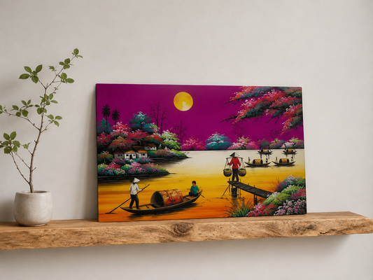 Moonlit Vietnamese Countryside – Handmade Vietnamese Lacquer Painting