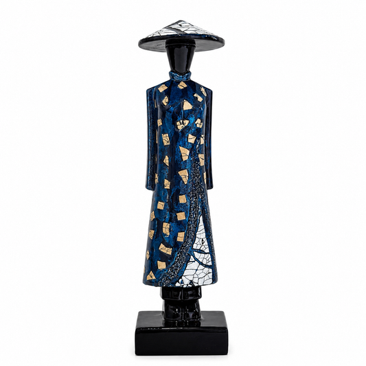 Handmade Vietnamese lacquer Ao Dai lady statue in blue, 20 cm traditional home decor.