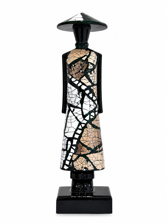 Handmade Vietnamese lacquer Ao Dai lady statue in green, 20 cm traditional home decor.