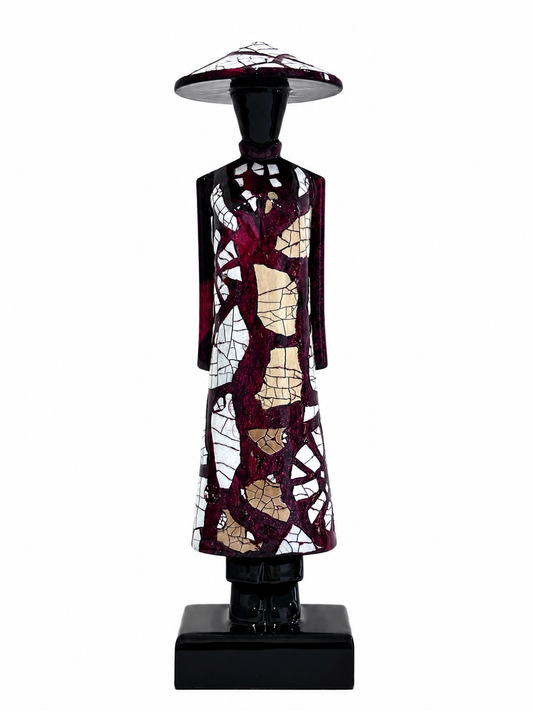 Handmade Vietnamese lacquer Ao Dai lady statue in red, 20 cm traditional home decor.