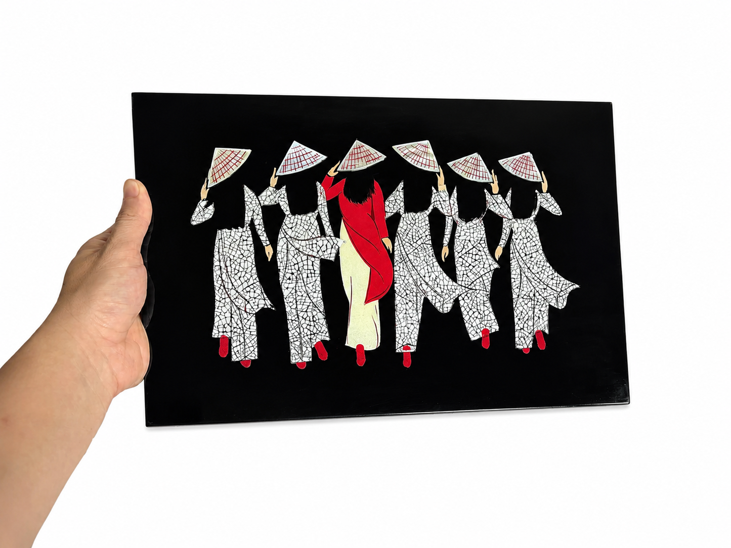 Vietnamese Ao Dai Lacquer Painting – Handmade Vietnamese Women Art, Traditional Conical Hats