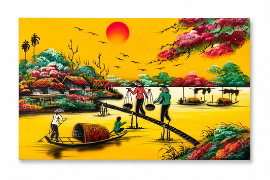 Golden Vietnamese Countryside – Handmade Vietnamese Lacquer Painting